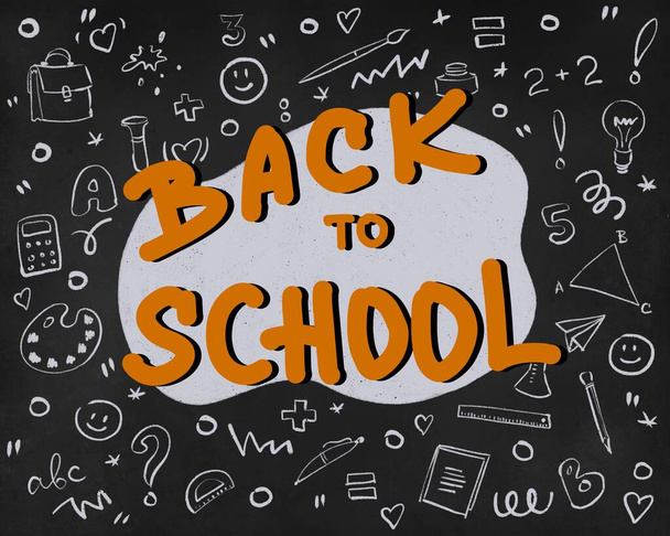 Üdvözöljük újra az iskolai szöveges rajz színes krétával táblán iskolai elemeket. Digitális illusztrációs banner. - Fotó, kép