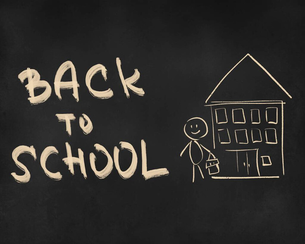 Welcome back to school text drawing by colorful chalk in blackboard with school  elements. Digital illustration banner. - Photo, Image