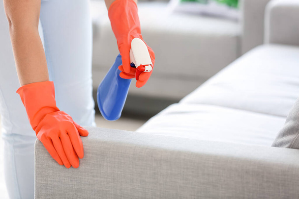 Woman removing dirt from sofa at home - Photo, image