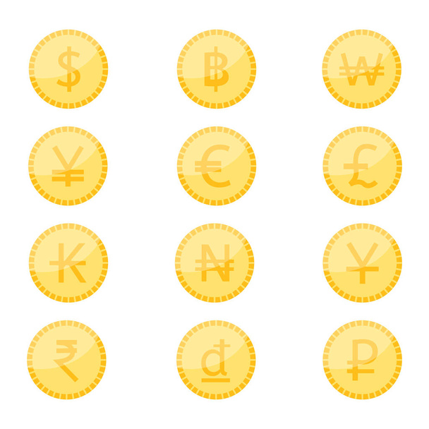 Moneda de dinero, conjunto de iconos de símbolo de moneda. - Vector, Imagen