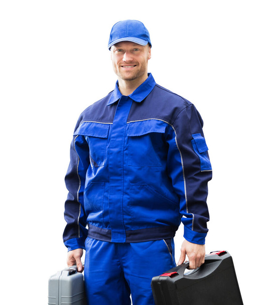 Isolated Happy Tradesman Construction Worker Man In Overall - Φωτογραφία, εικόνα