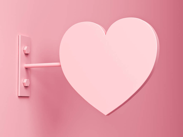 Różowy pastel kolor serca kształt signage makieta lub puste serce signboard na różowej ścianie z cieniem renderowania 3D - Zdjęcie, obraz