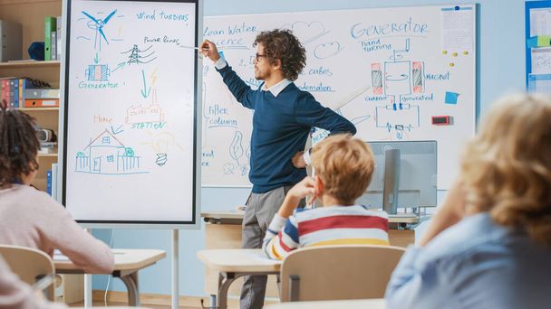 Elementary School Physics Teacher Uses Interactive Digital Whiteboard to Show to a Classroom full of Smart Diverse Children how Renewable Energy Works. Science Class with Kids Listening - Photo, Image