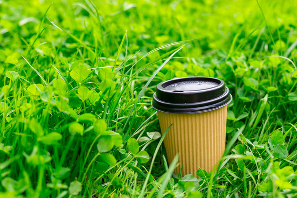 Heet papier Craft kopje koffie op het gras op een ochtend. Afhaal- of leveringsconcept. Begrepen, ruimte. Zomer levensstijl. Plaats voor je tekst of logo op de mok - Foto, afbeelding