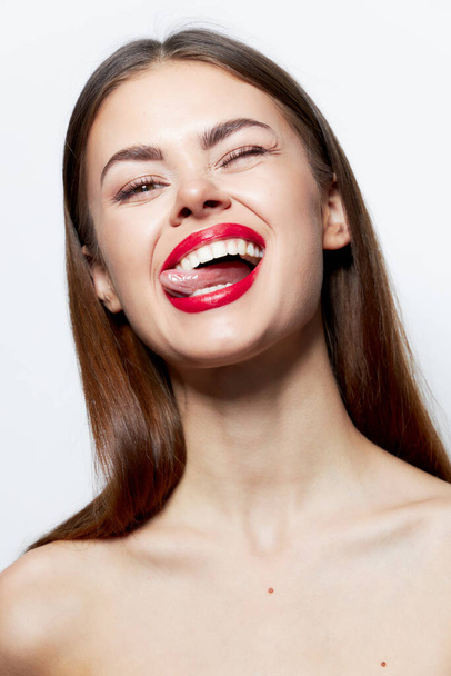Brunette spa treatments Red lips emotions clear skin smile  - Foto, Imagem