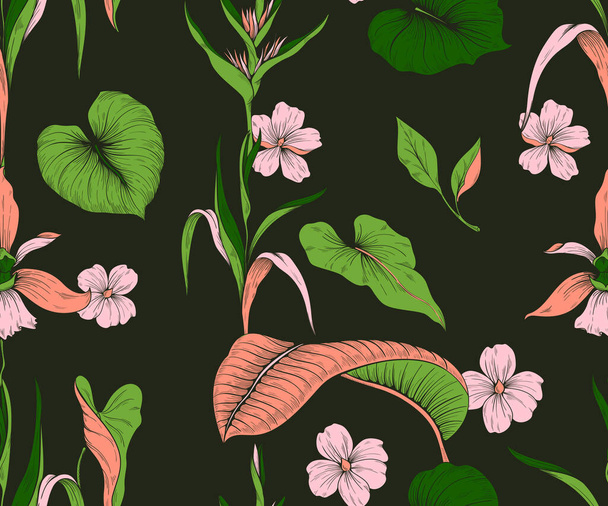 Seamless pattern. Tropical flowers and leaves. Dark background. Trendy colors - Vector, Imagen