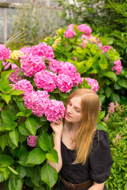 Beautiful young blonde woman with flowers near face. Pink Hydrangea macrophylla blooming in summer in garden - Zdjęcie, obraz