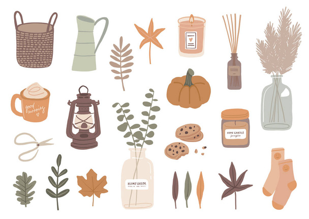 Conjunto vetorial de ilustrações de outono. Coleção de ícones. Bonito outono decoração da casa, comida e folhas
 - Vetor, Imagem