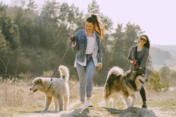 Two stylish girls in a spring field with a dog - Fotoğraf, Görsel