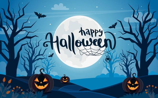 Halloween background with full moon, pumpkins and lettering - Vektör, Görsel