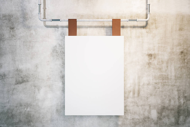 Blank banner hanging on metal pipe on concrete wall background. Museum and exhibition concept. Mock up, 3D Rendering - Fotó, kép