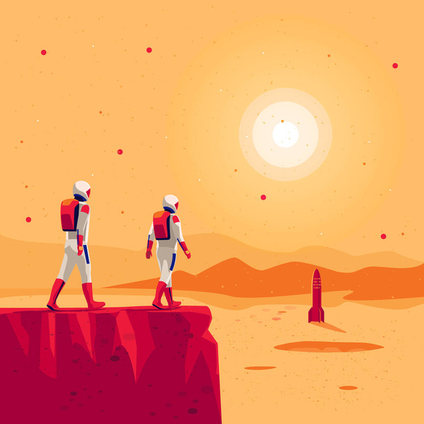 Astronautit tutkimusmatkailijat kävelevät Marsin pinnalla vuoristo maisema avaruusalus raketti ajoneuvon laukaisualustalla. Tulevaisuuden punaisen planeetan siirtokuntien tutkimustehtävä. Starmanin siirtokunnan rakentaminen. - Vektori, kuva