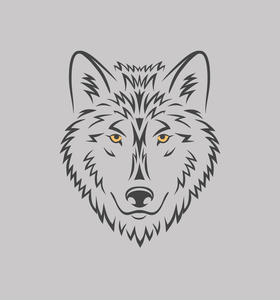 Beautiful wolf head with yellow eyes illustration on gray background. Wild animal symbol for print or web design. - Vector - Vetor, Imagem