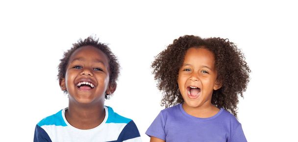 Two afroamerican siblings laughing isolated on a white background - Photo, Image