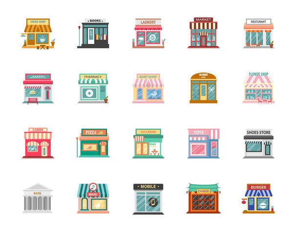 Kolekce obchodů budovy izolované na bílém pozadí, Maloobchod, obchod. Trh a pekárna, kavárna a butik obchod, vektorové ilustrace. - Vektor, obrázek