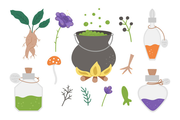 Set of cute vector witchcraft elements. Magic potion making objects. Halloween icons collection. Funny autumn all saints eve illustration with cauldron, herbs, bottles. Samhain party design for kids. - Vector, Image