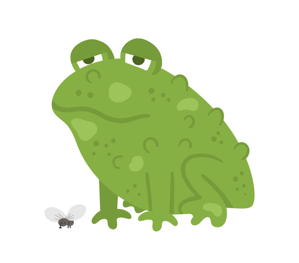 Милый вектор сидя зеленая жаба с мухой. Икона персонажа Хэллоуина. Осенью все святые накануне иллюстрации со страшным животным. Дизайн вывесок партии Самхайн для детей. - Вектор,изображение