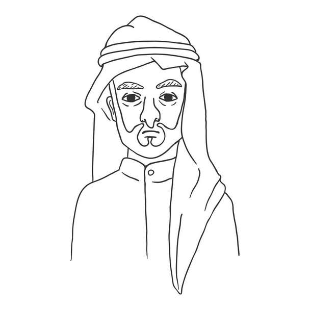 Arab férfi fehér Keffiyeh-ben és Kandura-ban. Vektor vázlat karakterek arc. - Vektor, kép