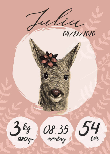Metric baby girl poster with roe deer with flower sketch, hand drawn Julia name, calligraphy text. Time, date of the birth, weight of newborn information. Greeting poster card with lettering. - Vector, Image