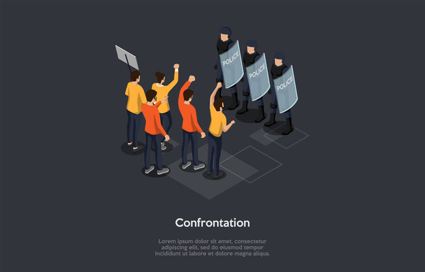 Social Meetings, Confrontation, Protests And Chaotic Riots Concept. A Group Of Protesting People Standing In Front Of Policemen In Helmets Holding Shields. Colorful 3d Isometric Vector Illustration - Vector, Image