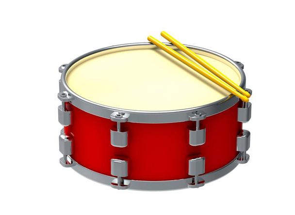Rode trommel met drumstokken. Percussie muziekinstrument. Muziekinstrument, drummachine. 3D illustratie. - Foto, afbeelding