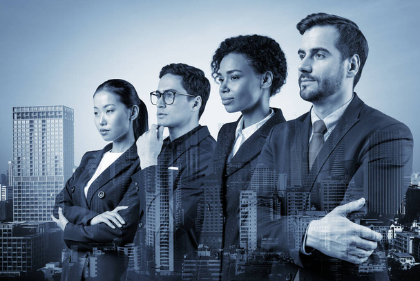 Four successful business consultants standing in a row in suits and ready to tackle with customer problem. Bangkok cityscape. Multinational corporate team. Double exposure. - Foto, Bild
