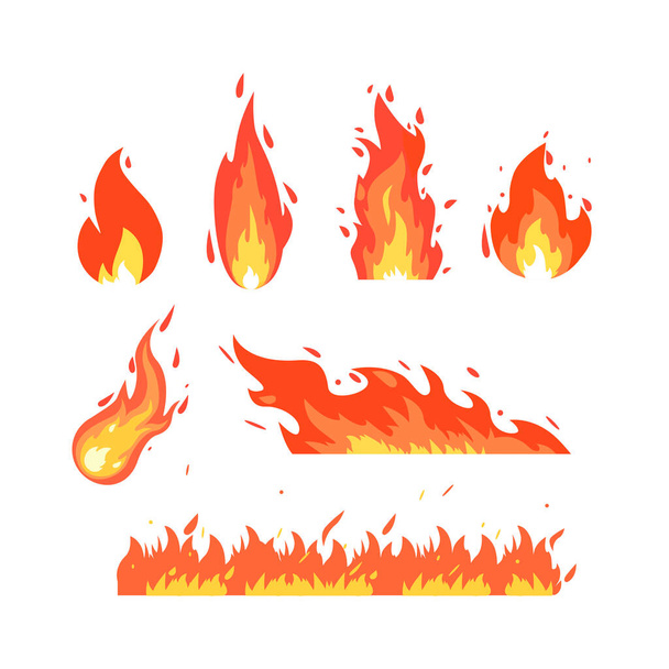 Oheň Plameny různých tvarů. vektorové ikony v kresleném stylu. izolované pozadí - Vektor, obrázek