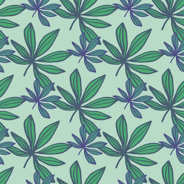 Geometric marijuana doodle seamless pattern. Hand drawn drug ornament and background in green and blue tones. Decorative backdrop for wallpaper, wrapping , textile print, fabric. Vector illustration. - Vector, Imagen