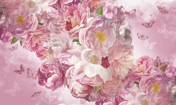 Delicadas flores rosa pintadas com tintas a óleo. Cartão postal bonito, imagem, papel de parede, papel de parede foto com peônias e borboletas. - Foto, Imagem
