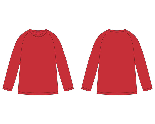 Technische Skizze eines roten Raglansweatshirts. Jumper-Design-Vorlage. Freizeitkleidung für Kinder. Vorder- und Rückansicht. Vektorillustration - Vektor, Bild