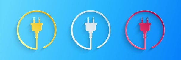 Paper cut Electric plug icon isolated on blue background. Concept of connection and disconnection of the electricity. Paper art style. Vector. - Vector, Image