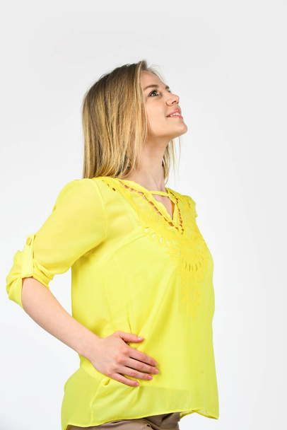 Girl yellow shirt blouse summer clothes, loose fitting clothes concept - Valokuva, kuva
