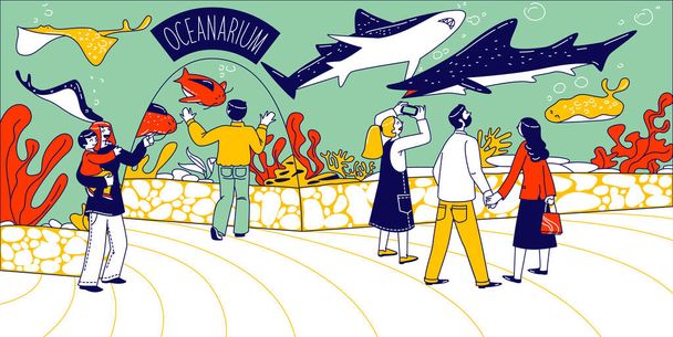 A karakterek az Oceanarium, a szülők és a gyerekek Nézd Ocean Halakat az üveg mögött. Gyermekek Akvárium, Marine Flora, Állatvilág - Vektor, kép
