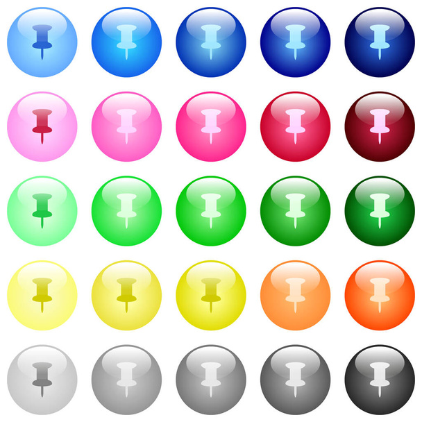 Presione los iconos del perno en el sistema de 25 botones esféricos brillantes del color - Vector, imagen