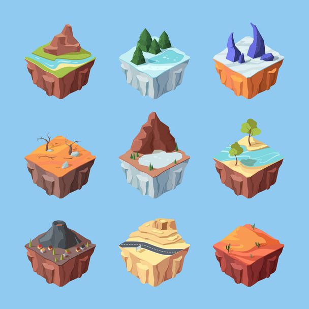 Game landscapes isometric island set. Fantasy blue stalactites on snow icy lake green pine trees red desert with cacti volcano with village house mountain highway on rocky terrain. Vector cartoon. - Vecteur, image