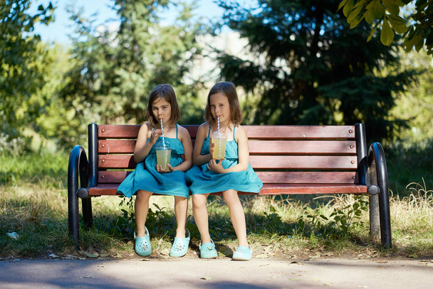 two cute little girls in dresses sit on a bench and drink lemonade in the summer - Photo, Image