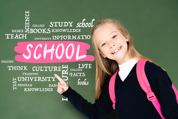 schoolgirl pointing with finger at school illustration on green chalkboard - Zdjęcie, obraz