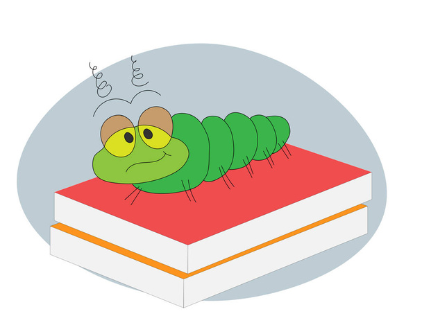 A cartoon caterpillar sitting on a pile of books with a tired expression. - Vector, Image
