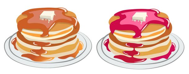 Set of stacked pancakes with a piece of butter on top, covered in syrup - Vector, Image