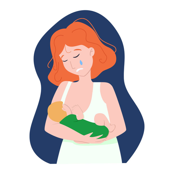 Векторная иллюстрация: грудное вскармливание. Мать кормит грудью ребенка. Послеродовая депрессия. - Вектор,изображение
