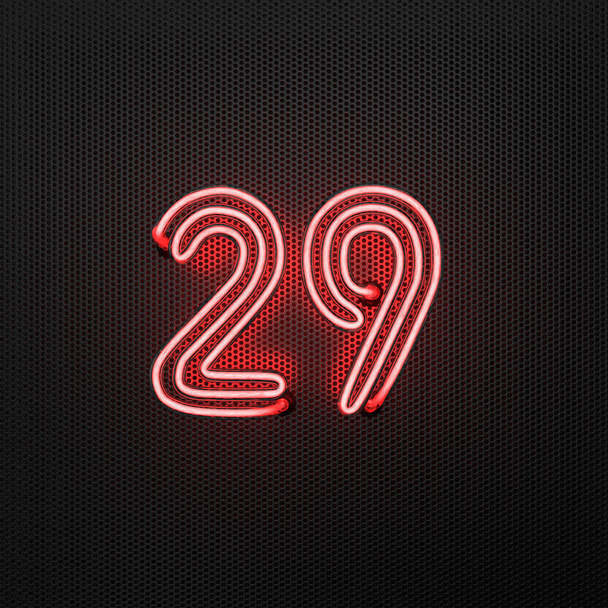  Hehkuva punainen neon numero 29 (numero kaksikymmentäyhdeksän) rei 'itetyllä metallipohjalla. 3D-kuva - Valokuva, kuva