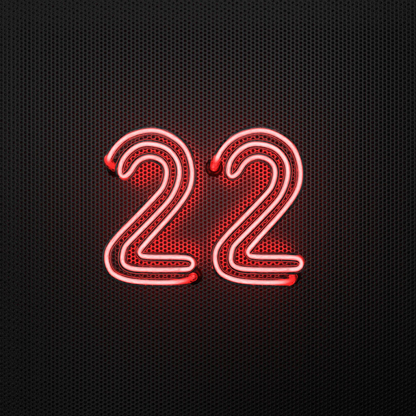  Hehkuva punainen neon numero 22 (numero 22) rei 'itetyllä metallipohjalla. 3D-kuva - Valokuva, kuva