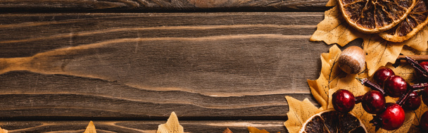 top view of autumnal decoration on brown wooden background, panoramic shot - Photo, Image