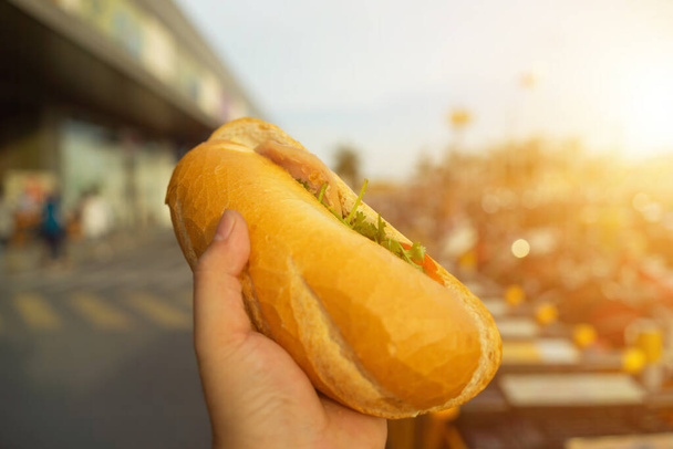 Hand holding Banh Mi - Vietnamese Sandwich, popular street food from bread stuffed with raw material: pork, ham, pate, egg and fresh herbs. Real Vietnam style french baguette bread pork in outdoor. - 写真・画像
