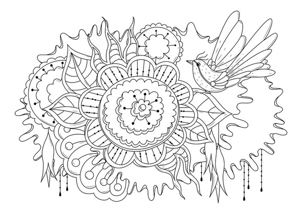 Coloring page for children and adults. Vector illustration with flowers and bird. Black-white background for coloring, tattooing, printing on fabric or paper. - Vector, Image