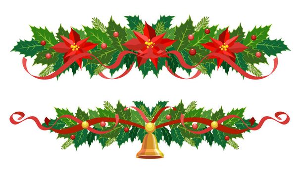 クリスマスのガーランドセット。ベクトルフレーム、国境、休日のカード、招待状、バナーの装飾。ホリーの葉と果実、白い背景に隔離されたポインセチア。リボン付きクリスマス星の植物 - ベクター画像