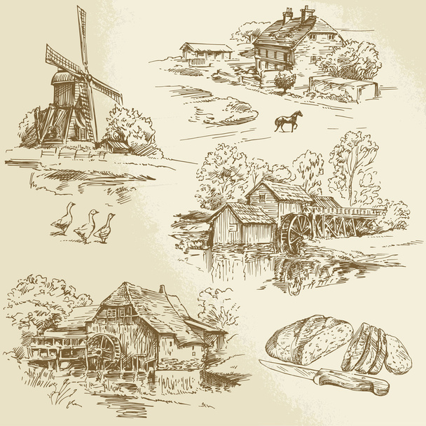 raccolta disegnata a mano - mulino a vento e mulino ad acqua
 - Vettoriali, immagini