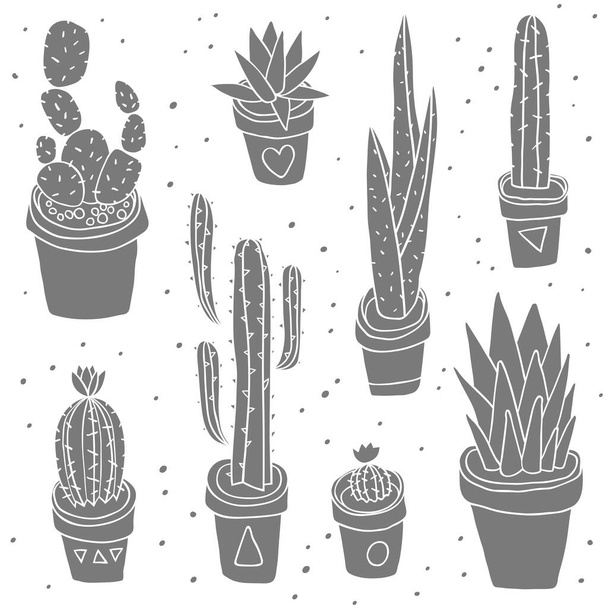 Vector seamless pattern with hand drawn cactus in white pot. Indoor plants. Green nature. - Vektör, Görsel