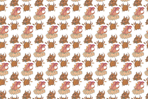 Hand drawn illustration with bull, dog and dragon. Seamless pattern. - Photo, Image