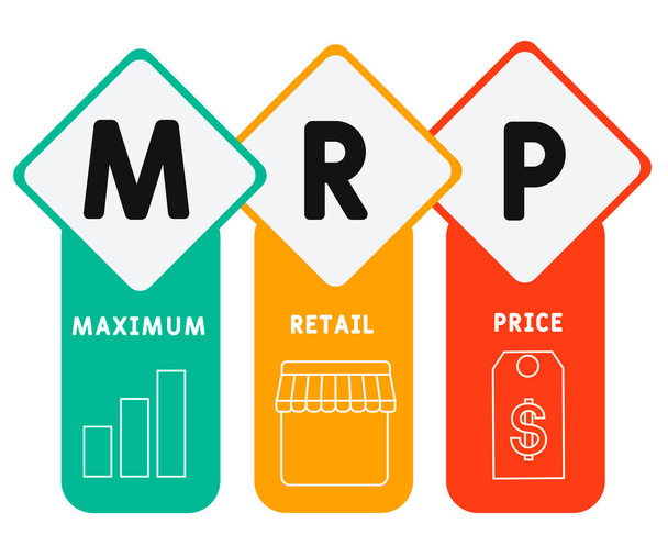 MRP - maximális kiskereskedelmi ár. mozaikszó üzleti koncepció. vektor illusztráció koncepció kulcsszavakkal és ikonokkal. betű illusztráció ikonok web banner, szórólap, kezdőlap, bemutató - Vektor, kép